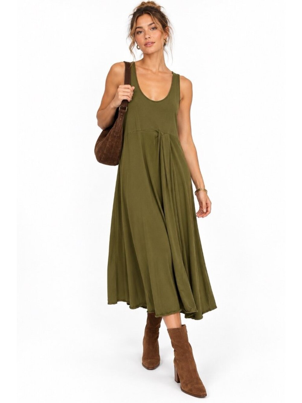 ANTHROPOLOGIE tank dress midi olive green XL sleeveless knit casual autumn fall